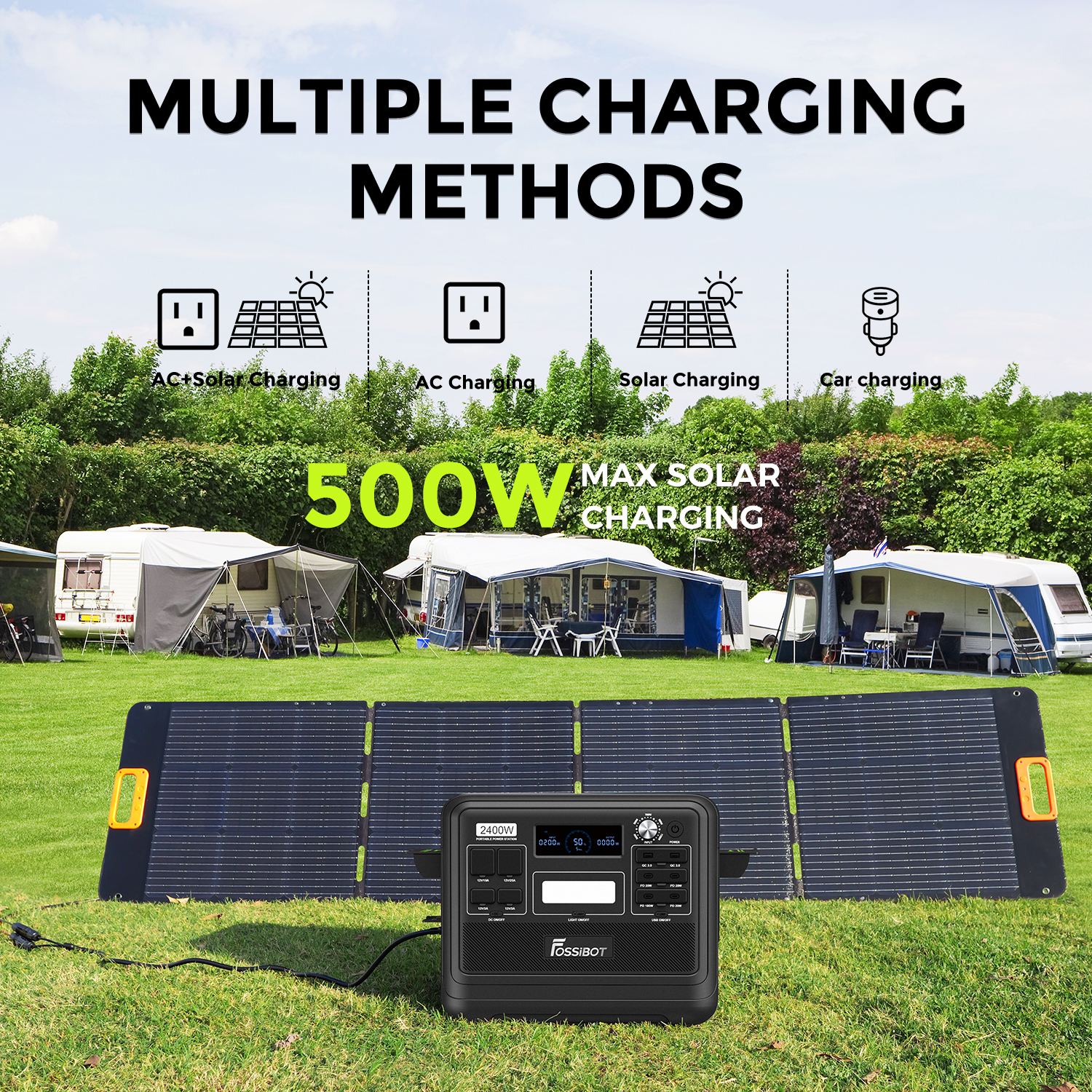 FOSSiBOT 2400W Solar Generator with 200W Solar Panel , 2048Wh Portable LFP Battery Power Station for Camping Home Backup RV