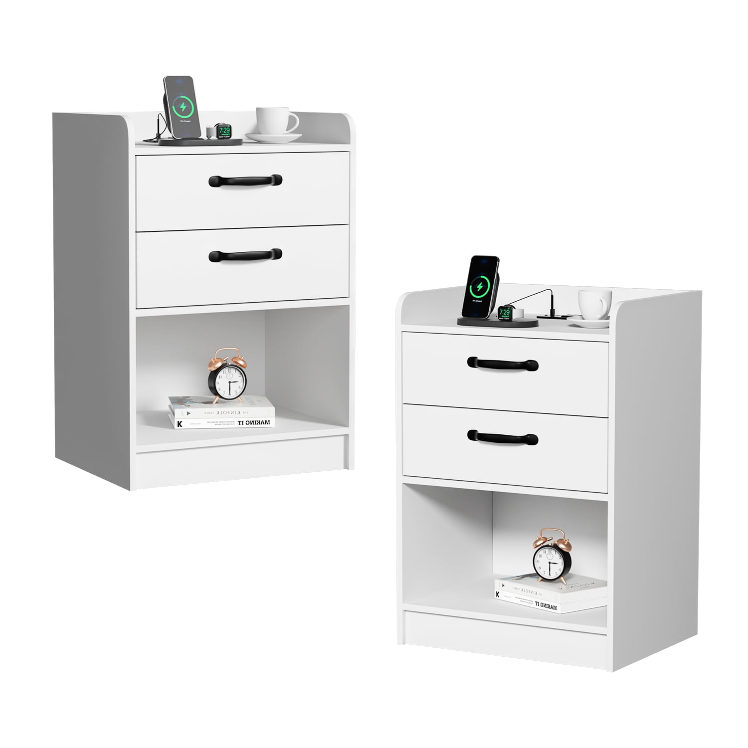 Nightstand with Charging Station and LED Lights, Side Table with