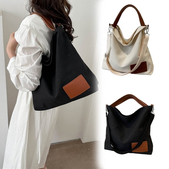 Canvas Shoulder Tote Bag | Versatile Messenger Handbag – White/Black, Large Capacity, Zipper Closure, Adjustable Handle, 33x32x11cm, Soft Durable Cloth, Lightweight, Everyday Work & Travel