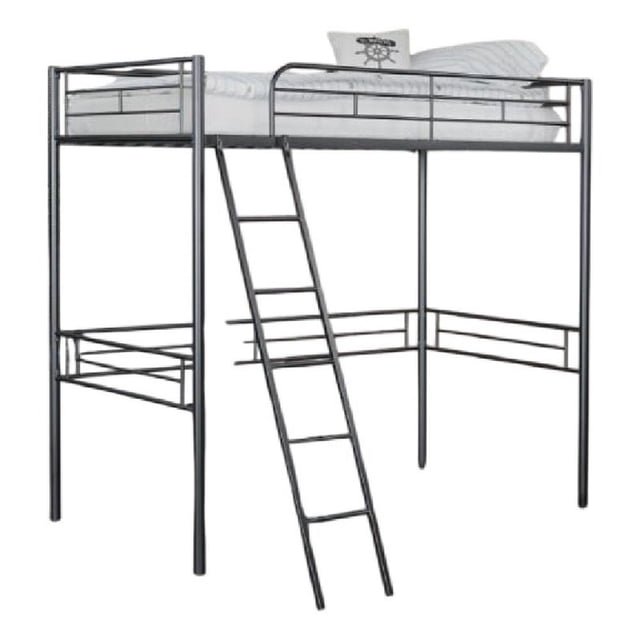 Lit Mezzanine Simple - Cadre en Métal Noir avec Échelle Inclinée Intégrée