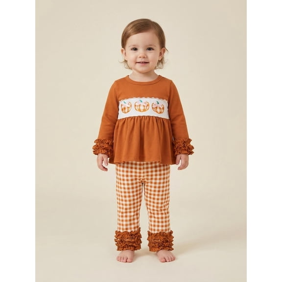Toddler Girl Halloween Outfit Ghost Pumpkin Embroidery Long Sleeve Crew Neck Tops and Ruffle Plaid Pants 2-Piece Set