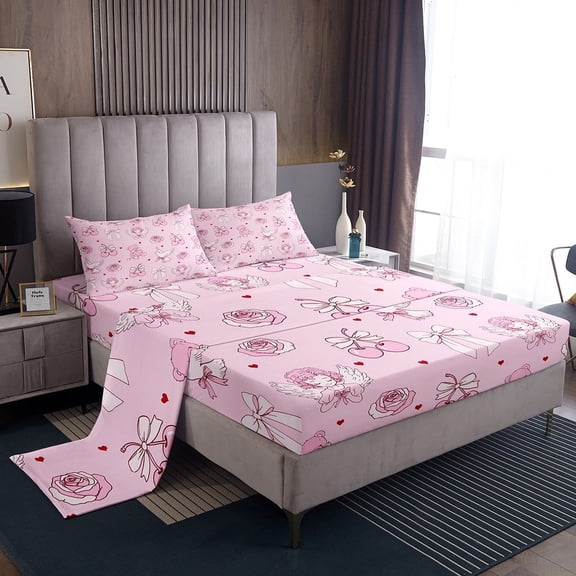 Erosebridal Bowknot Cherry Sheet Set Twin,Bear Flower Bedding Sets Twin Size,Love Heart Twin Sheet Sets,Ultra Soft Cartoon Bedroom Decorative,3pcs