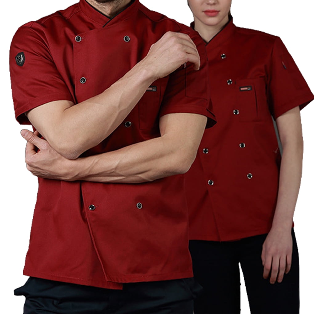 2x White Red Chef Jackets Short Sleeved Kitchen Catering Uniforms Apparel XL 