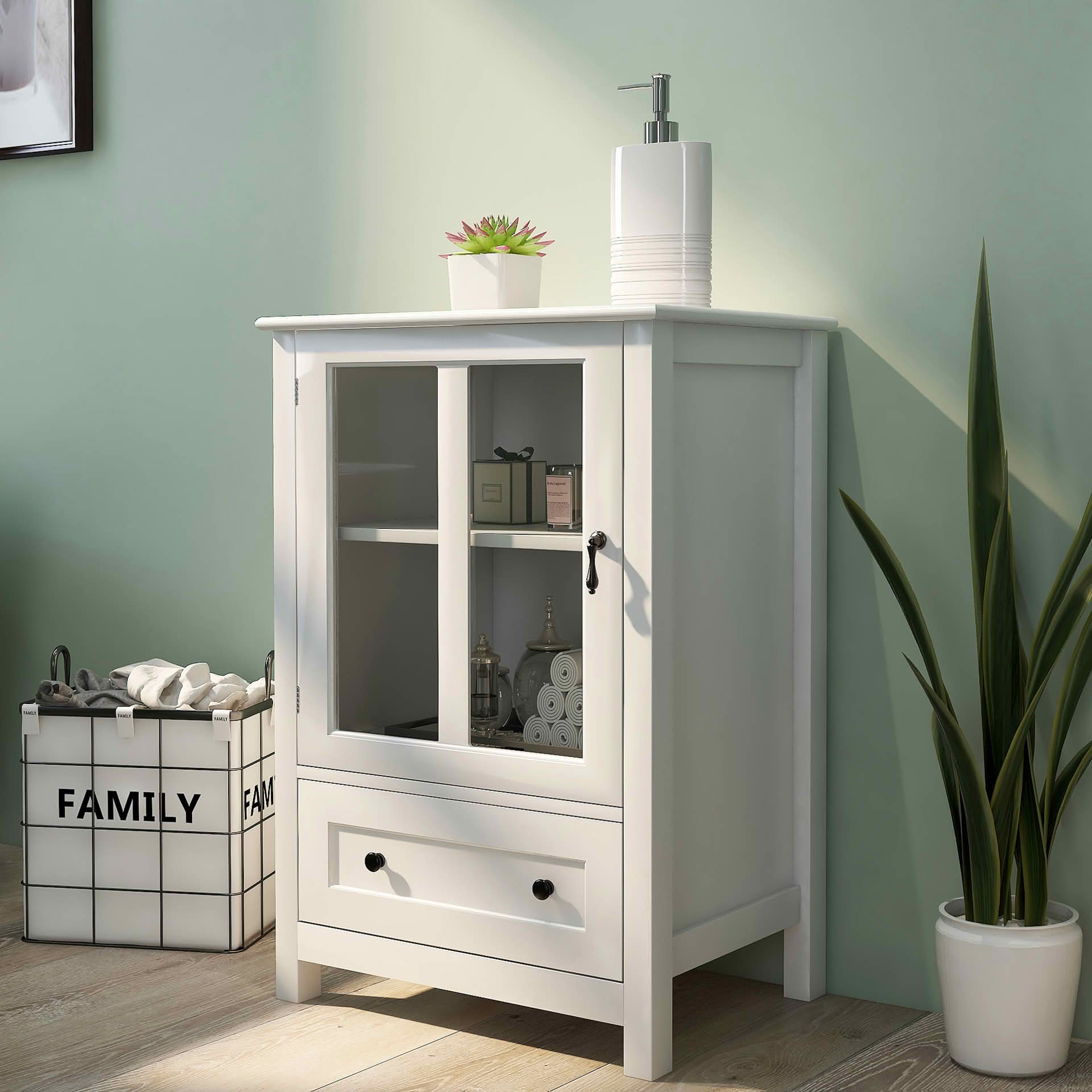 MAYEERTY Buffet Storage Cabinet, Single Glass Door with Unique Bell Handle