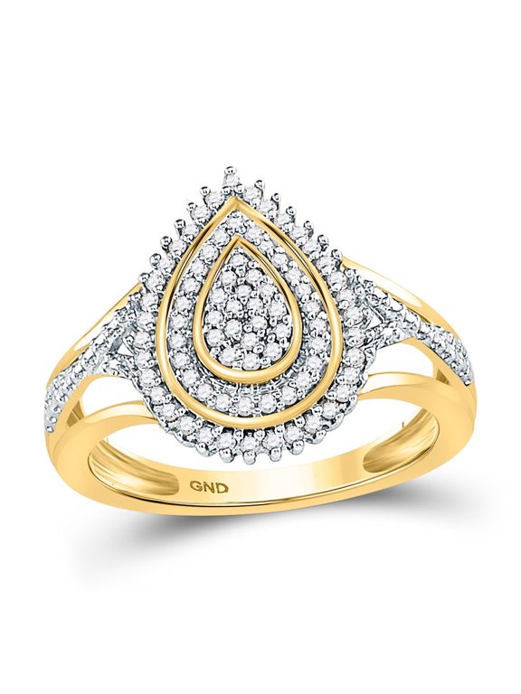 10kt Yellow Gold Womens Round Diamond Concentric Teardrop Cluster Ring 1/4 Cttw