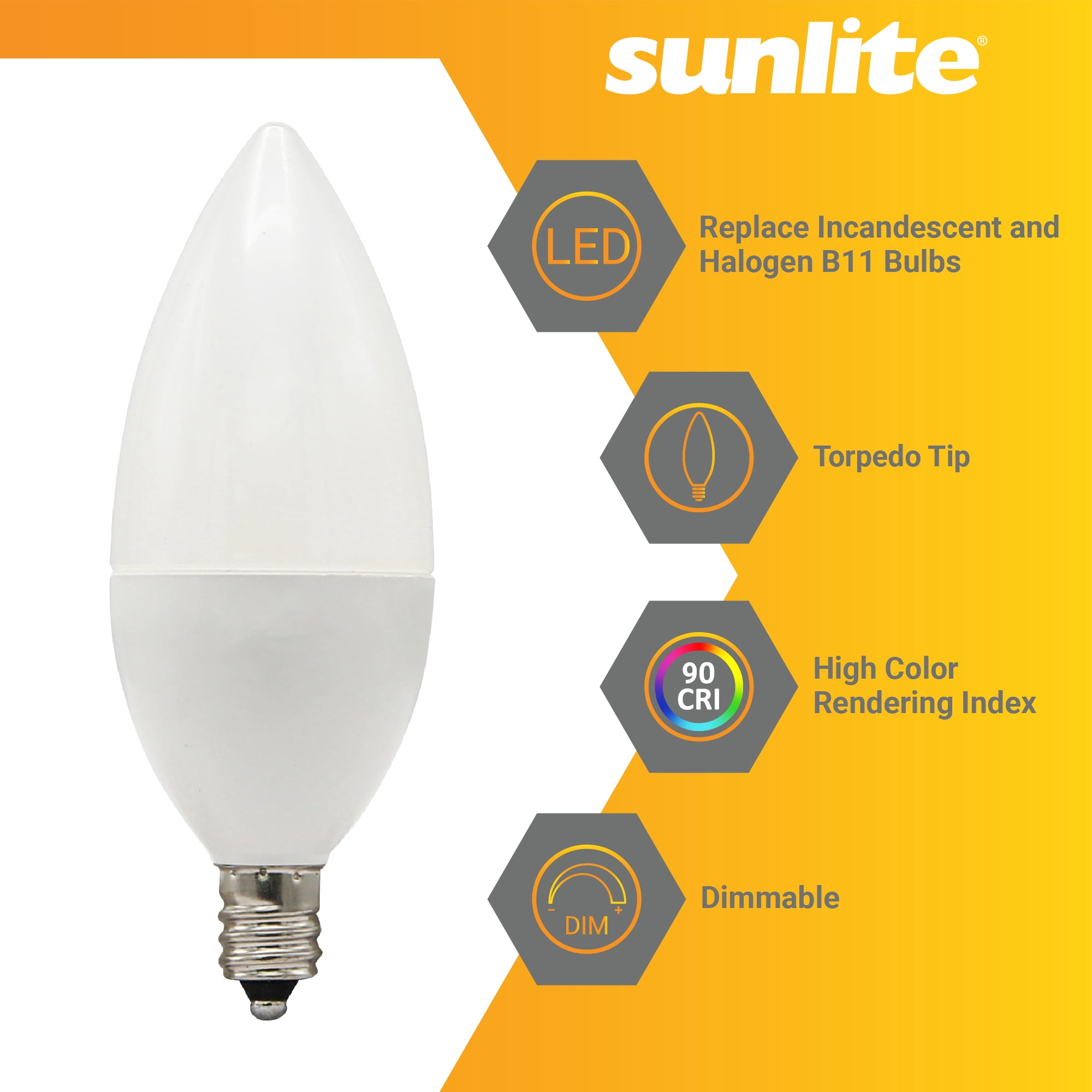 Sunlite LED B11 Frosted Chandelier CTF Light Bulb, 4.5 Watts (40W=), 300 Lumens, 120 Volts, Dimmable, Candelabra E12 Base, 90 CRI, ETL Listed, Torpedo Tip, 2700K Warm White, 6 Pack