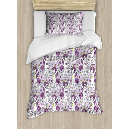 Twin Dancing - Unicorn Party Twin Size Duvet Cover Set, Dancing Cartoon Characters Girly Magical Unicorn Design with Colorful Stars, Decorative 2 Piece Bedding Set with 1 Pillow Sham, Multicolor, by Ambesonne