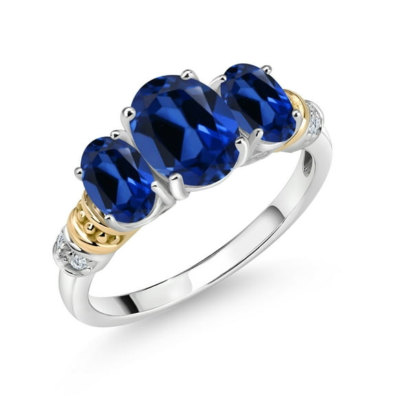 Gem Stone King 925 Sterling Silver and 10K Yellow Gold Oval Blue Created Sapphire and White Diamond 3 Stone Ring for Women (2.83 Cttw, Gemstone September Birthstone, Size 6)