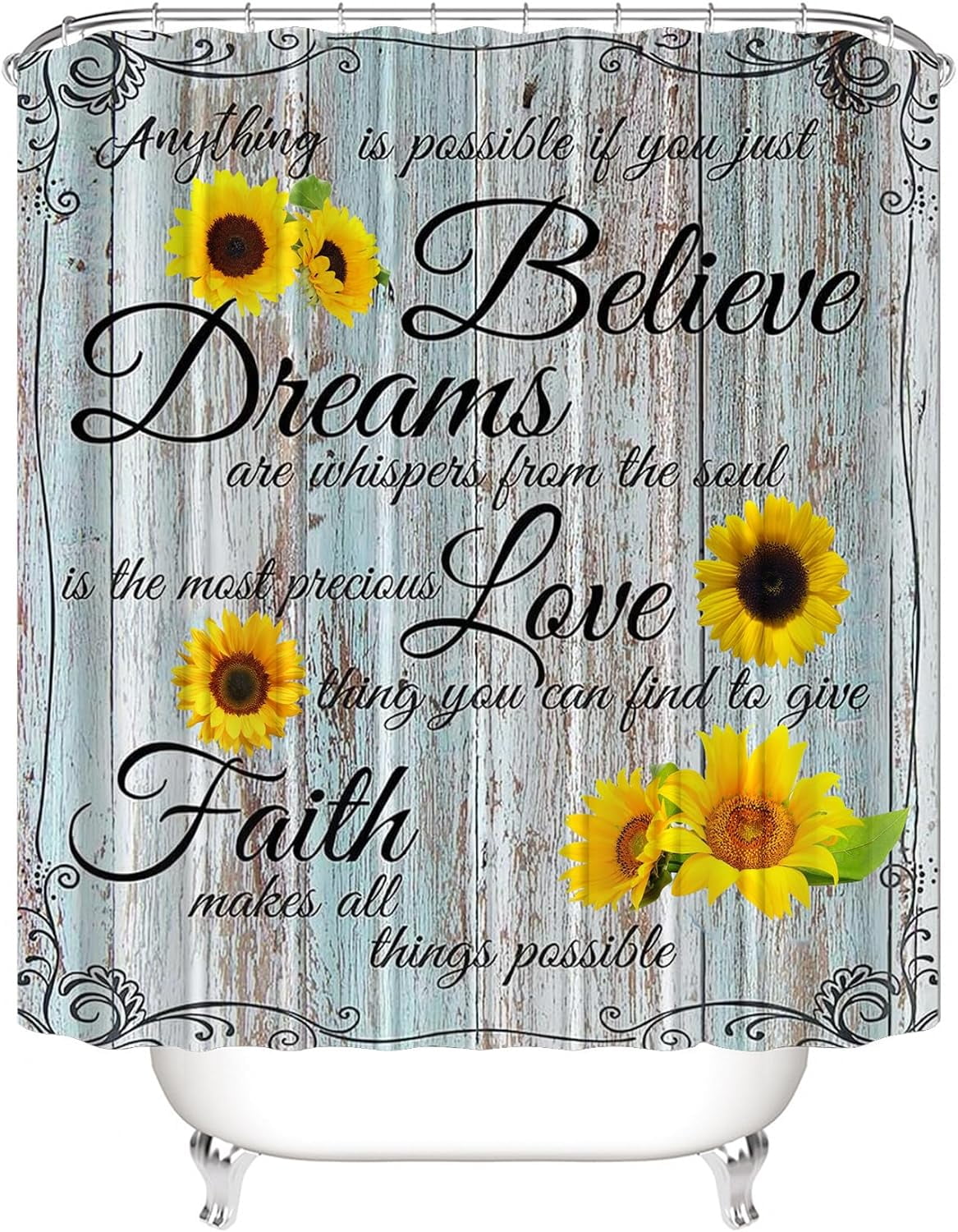 4pcs Farmhouse Shower Curtain Sets Sunflower Bathroom Decor Set Inspirational Quotes Bathroom Curtain Shower Set with Rugs and Accessories Floral Flower Shower Curtain