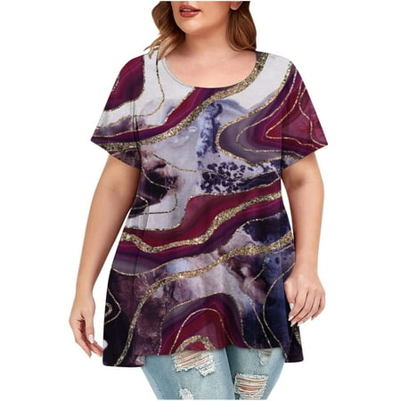 

Summer Tops for Women Casual Summer Plus Size Retro Printed V Neck Short Sleeve Shirts Going Out Tunic Pleat Blouse
