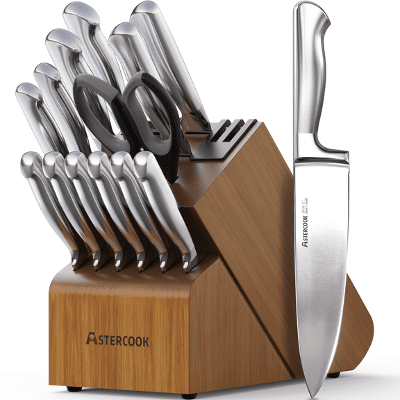 Astercook 16-Piece Kitchen Knife Set with Wooden Block and Dual Built-In Sharpener, Full Tang Design Knives Set with Ergonomic Steel Handles, Razor Sharp & Rust-Resistant, Walnut Brown