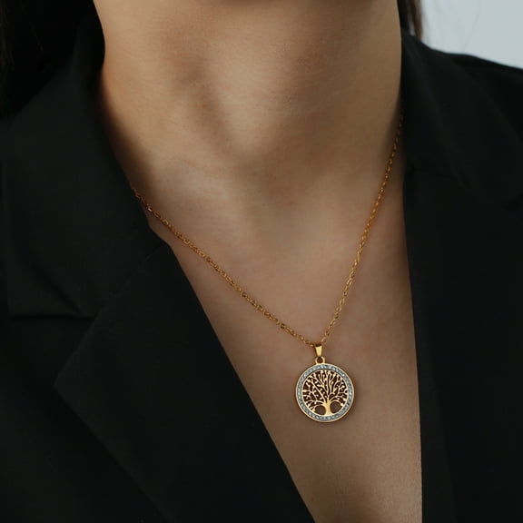 Trendy 14K Yellow Gold Rhinestone Tree of Life Pendant Necklace For Women Charm Summer Clavicle Chain Jewelry