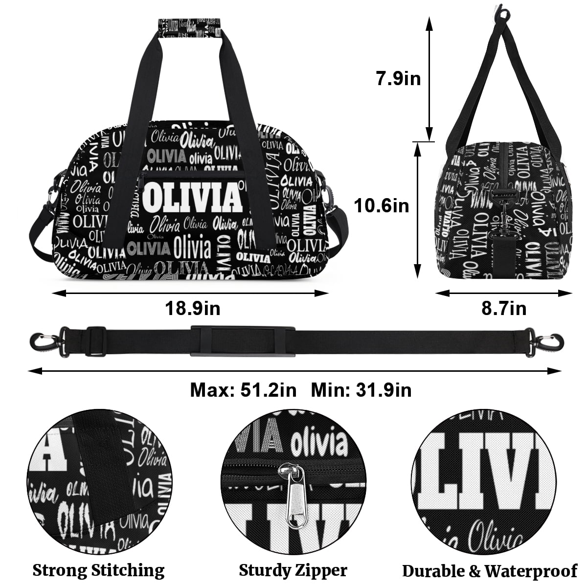 Personalized Names Sport Duffle Bag Kids Teens Travel Weekender Lightweight Bags, Black