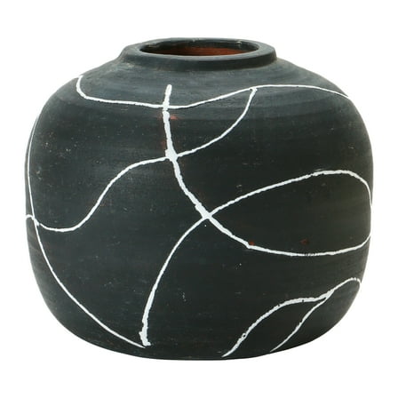 Creative Co-Op Round Decorative Terra-cotta Vase with Hand-painted Intersecting Lines, Black and White
