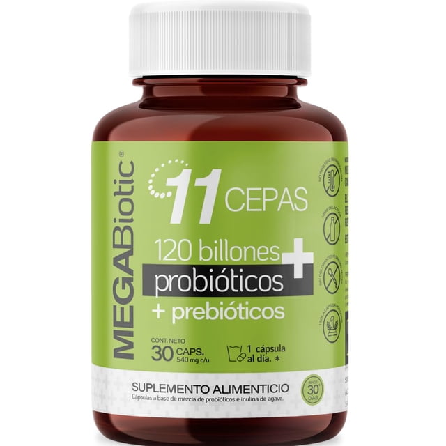 Probióticos 120 Billones 11 Cepas + Prebióticos | MEGABIOTIC | 30 Cápsulas | Mezcla Prebióticos, Probióticos, Inulina de Agave y Aloe Vera | 30 Porciones MEGABIOTIC Probióticos 120Billone