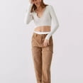 thumbnail image 2 of Women Long Sleeve Crop Tops Ribbed Tee Shirts Solid Color Vintage V Neck T-Shirt Streetwear, 2 of 7