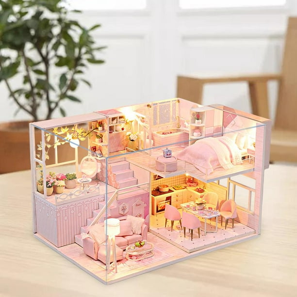 Cabane de jardin pour enfant, Maison de poupée en bois avec meubles et  accessoires, maison de rêve, 3 ans et plus, rose