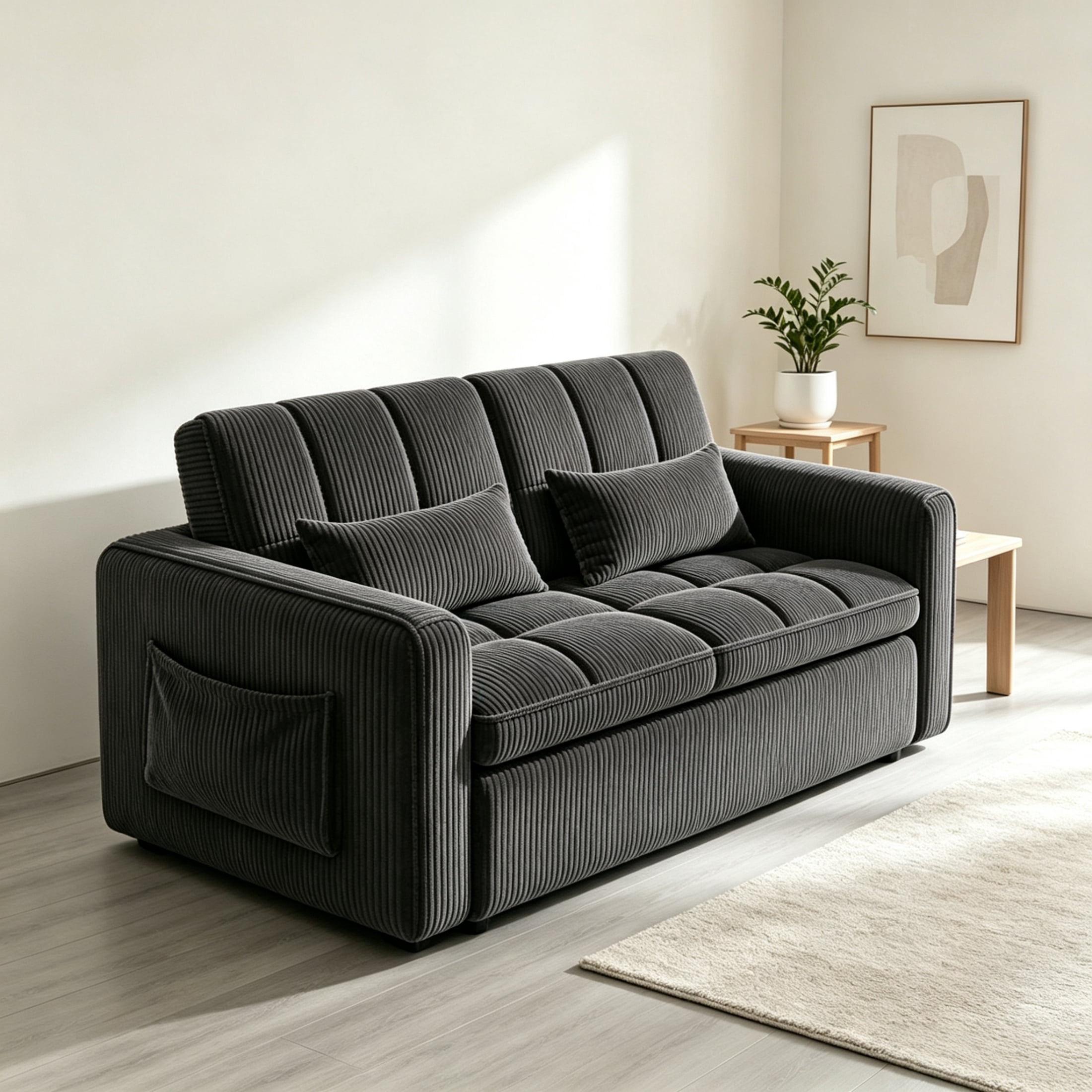 Anpport 55" Striped Corduroy Loveseat, Convertible Sleeper Sofa Bed for Small Spaces, Dark Gray