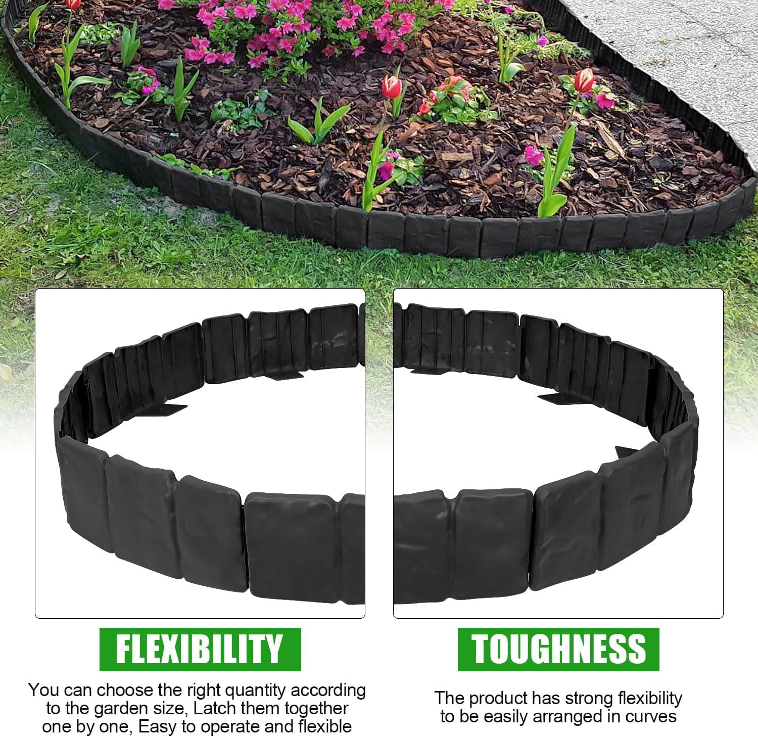 Garden Edging Border NO DIG, with Landscape Edging Anchoring Spikes, Black Stone Effect Plastic Lawn Edging Fencing, Interlocking Yard Lawn Edging for Flower Bed | 24 Ft | 30Pcs | Black |