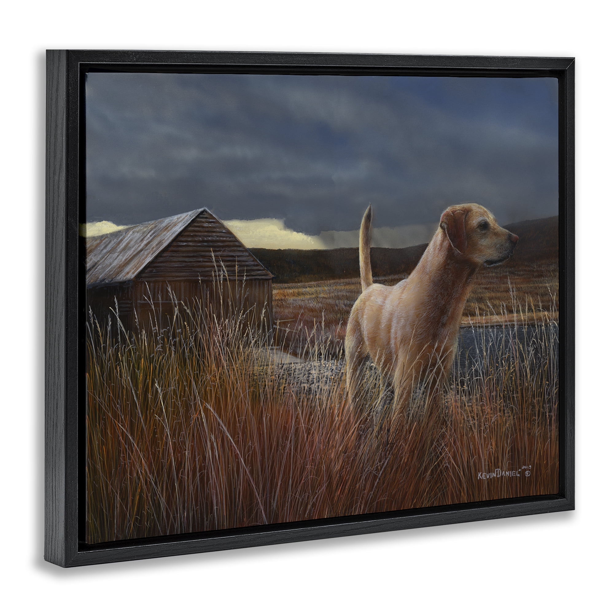 Stupell Industries Alert Dog by Cabin Landscape & Nature Painting Black Floater Framed Canvas Art Print Wall Art, 31 x 25