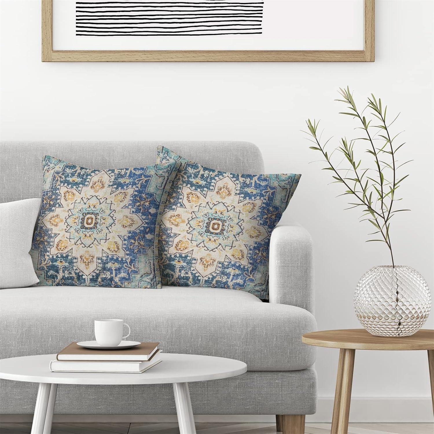 Boho Pillow Covers Set of 2 18x18 Inch Blue Yellow Carpet Pattern Decorative Throw Pillows with Linen Ethnic Design for Farmhouse Sofa Couch Outdoor Decor Add Global Charm to Your Space