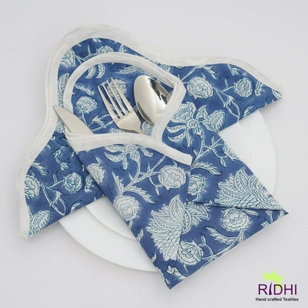 

Prussian Blue and Off White Indian Hand Block Floral Printed 100% Pure Cotton Cloth Napkins Tea Napkins 20 x20 - Dinner Napkins