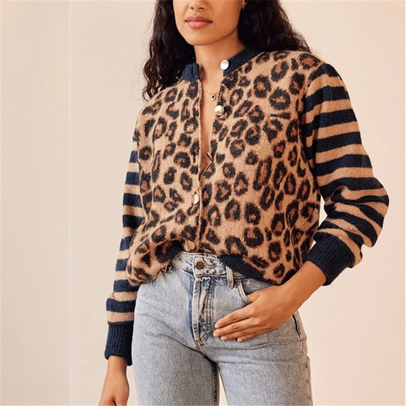 Women Open Front Leopard Cardigan Cheetah Print Knit Tops