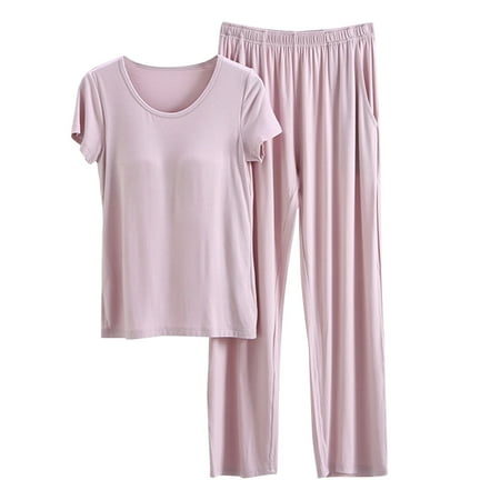 

Miayilima Women Pajama Sets For Women With Chest Pads Bra Underwear Short Sleeved T Shirt Top 9 Pants Summer Thin Of Home Wear Set