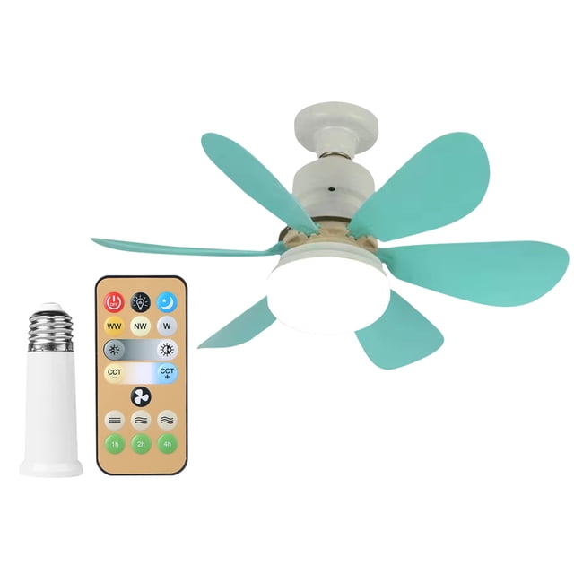 Ventilador Techo Lámpara LED E27 Enchufe Ventilador Control Remoto 52 Cm (Concha Lechosa Azul)