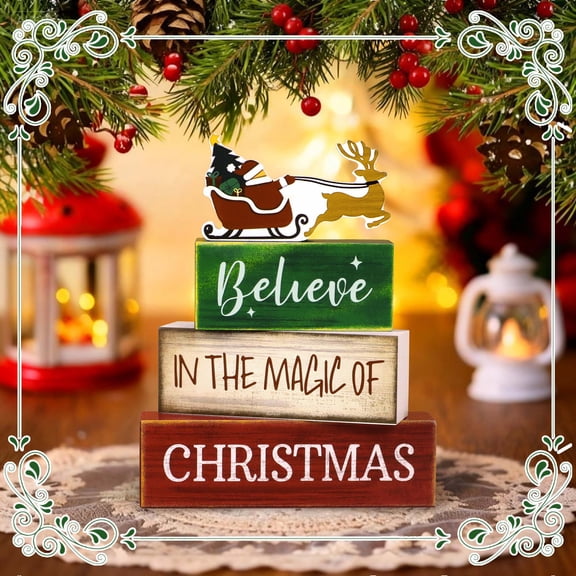 WETRBWEH Christmas Table Decoration, 4 Pcs Tiered Tray Decor,Wooden Santa Claus Decor Desktop Ornament,Santa Claus Elk Block Sign for Home Kitchen