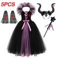 thumbnail image 3 of Vestido negro de maléfica para niños, disfraz de Halloween gótico de bruja oscura, vestido de tutú con capa de plumas, disfraz de hada de la Reina Malvada, 3 of 5