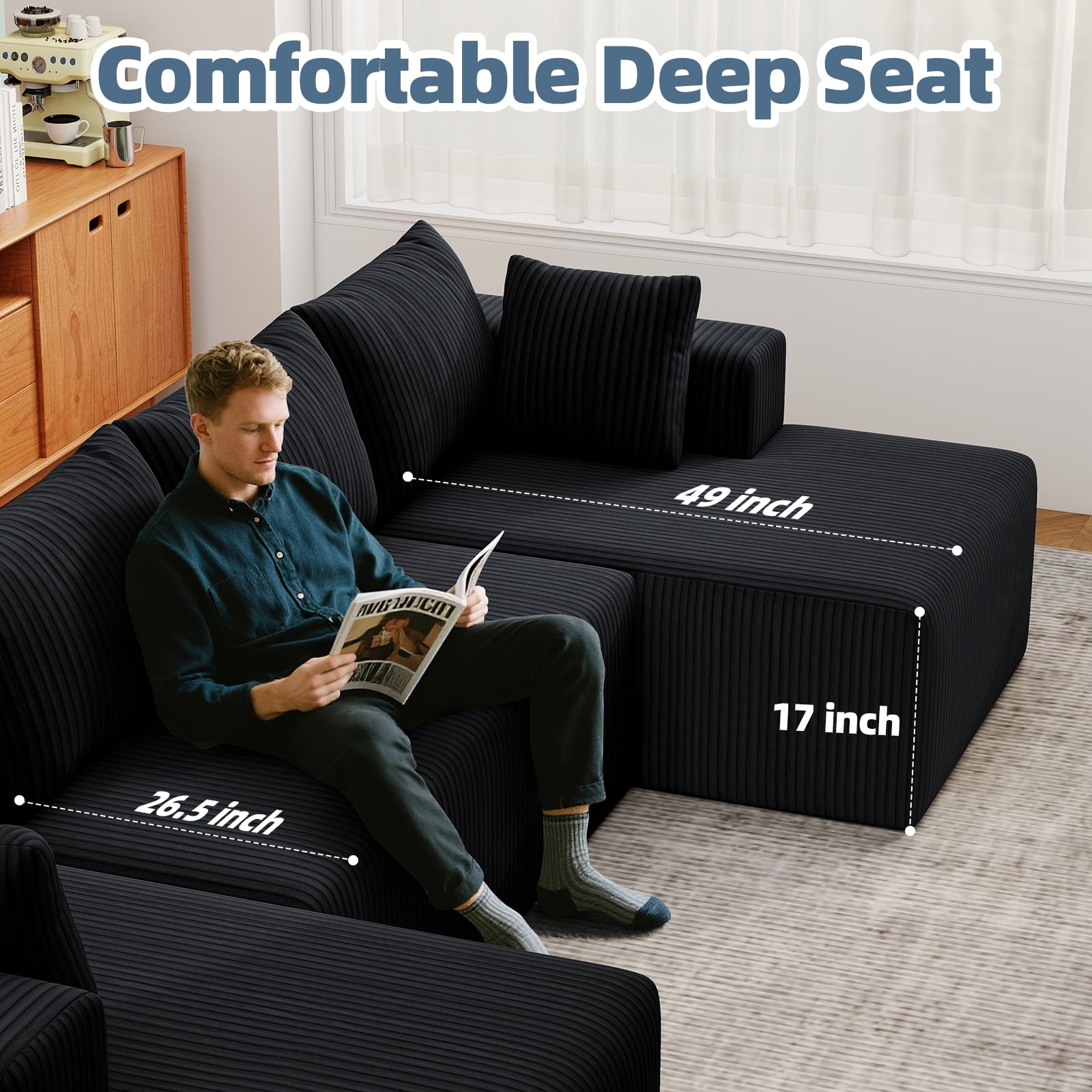132''Modular Boneless Couches for Living Room, Corduroy Deep Seat Sofa with 2 Chaise Lounges and 1 Loveseat