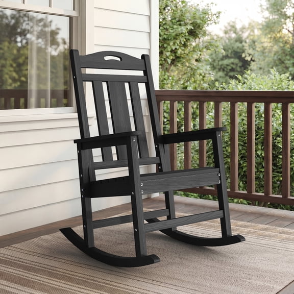 Oversized HDPE Outdoor Rocking Chair, All-Weather High Back Porch Rocker, 1-Pack, Black