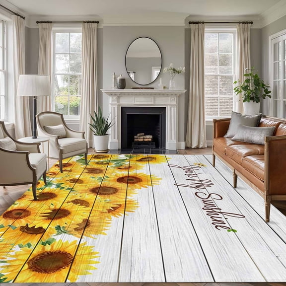 Sunflower Area Rugs 5'x8', Washable Small Throw Rugs for Classroom Bedroom, Yellow Summer Botanical Farmhouse Floral Wooden Indoor Outdoor Rug Non-Slip Low Pile Carpet Runner Reversible Floor Mats