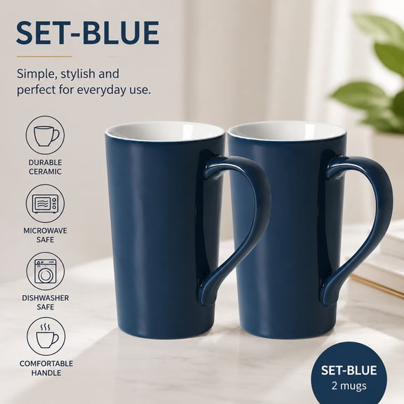 20 OZ Blue Ceramic Coffee Mug Set of 2, Large Tall Plain Milk Tea Mugs with Handle, Durable Dishware for Home Office, Perfect Gift for Dad Mom Friends
