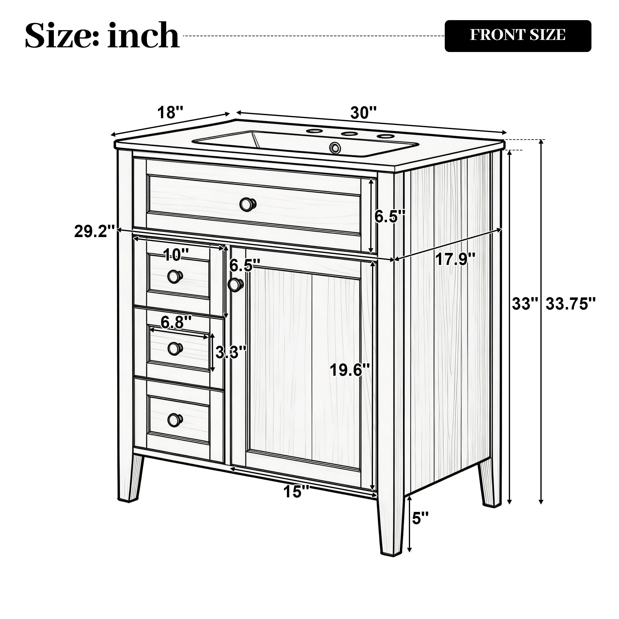 30" Natural Wood Grain Bathroom Vanity with Ceramic Sink, Solid Wood Legs, Soft-Close Mechanism, Tip-Out Drawer & Storage Shelf on Door, Adjustable Shelf