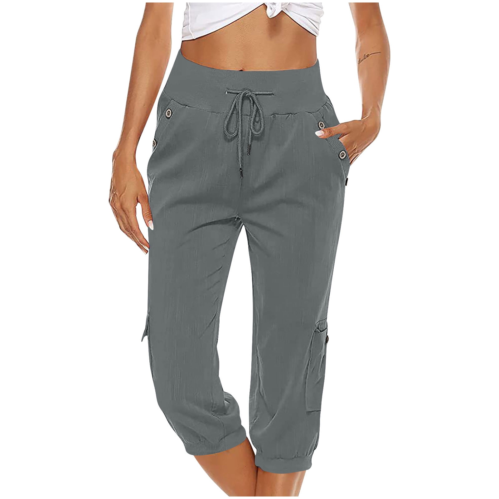 JWZUY Women's Plus Size Drawstring Cargo Capri Pant Lightweight Cotton  Linen Cropped Jogger Pants Summer Pants with Pocket 1-Gray Medium
