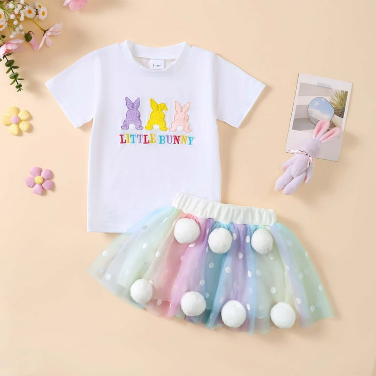 Lnmuld Two-Piece Easter Festival Outfit Set for Girls Bunny Rainbow Mesh Dress with Tee and Skirt Summer Celebration Size:18-24 Months