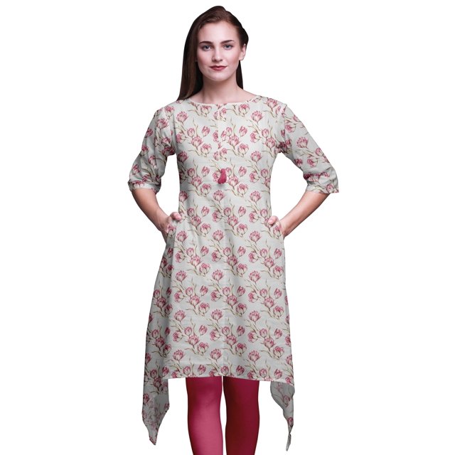 Bimba Kurti Asymétrique à Imprimé Floral Feuilles Roses et Magnolia pour Femmes Robe d'Été Indienne Tunique XX-Grand