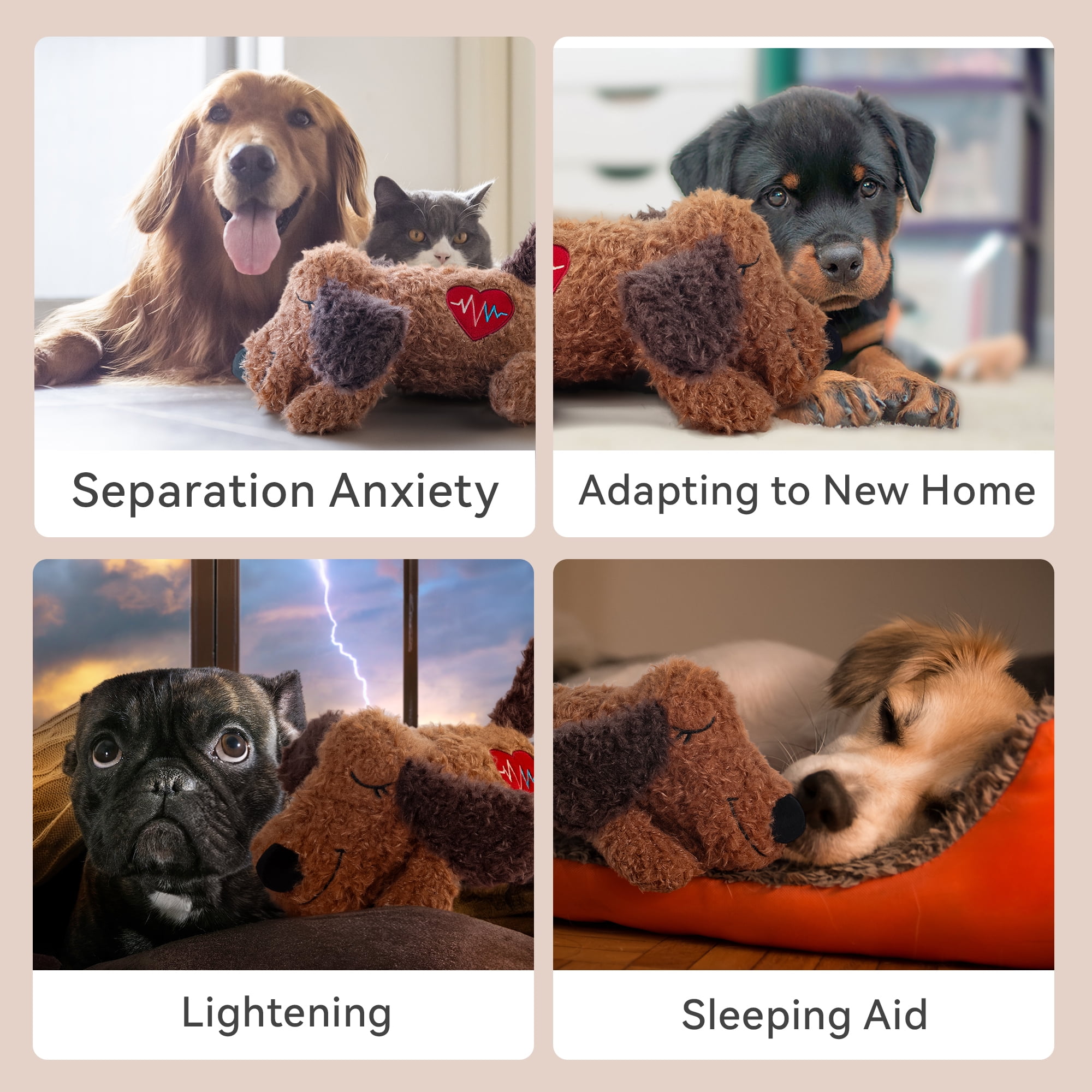 All For Paws Heartbeat Dog Plush Toy, Puppy Sleep Aid & Anxiety Relief Comforting Toy, Brown Puppy