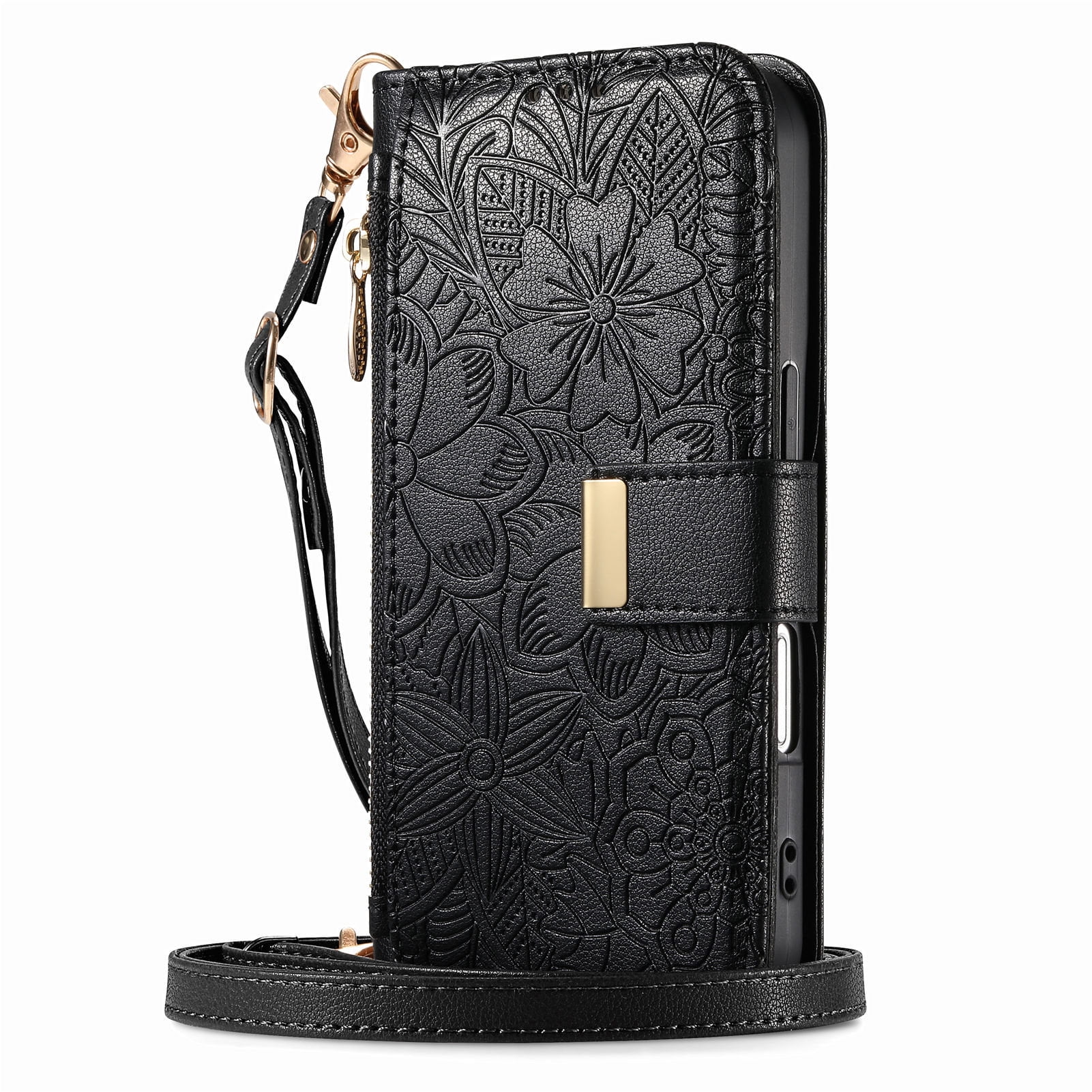 Dteck Crossbody Wallet Case for Samsung Galaxy S25 Ultra with Card Holder, Soft Embossing PU Leather Magnetic Closure Strap Zipper Pocket Phone Case Fit for Samsung Galaxy S25 Ultra,Black