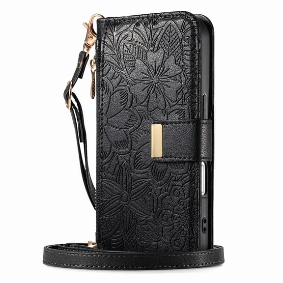 Dteck Crossbody Wallet Case for Samsung Galaxy S25 Ultra with Card Holder, Soft Embossing PU Leather Magnetic Closure Strap Zipper Pocket Phone Case Fit for Samsung Galaxy S25 Ultra,Black