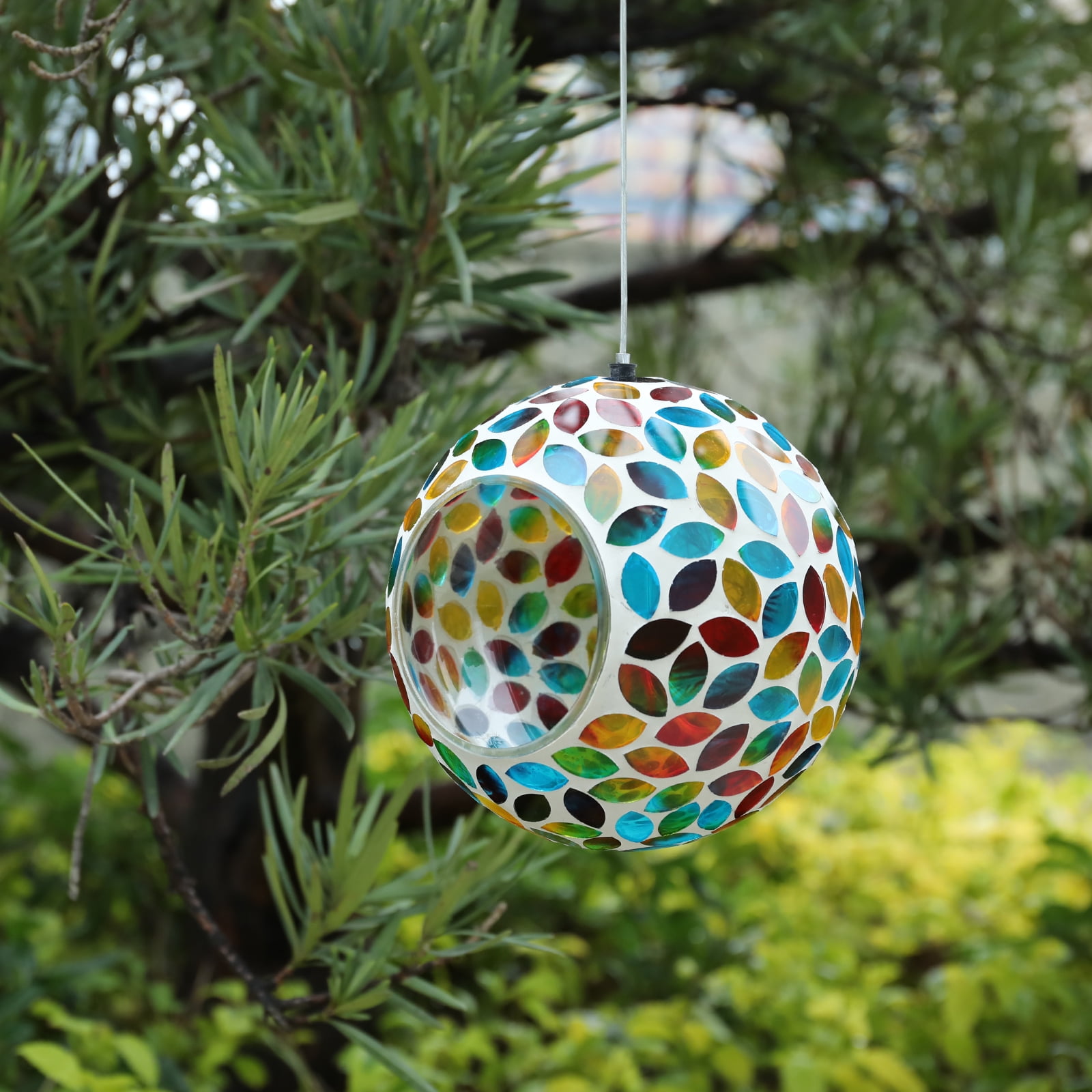 WONDER GARDEN Fly-Through Bird Feeder Mosaic Circle, Garden Hanging Hummingbird Feeder Outdoor for Wild Birds, Multi Color Droplets