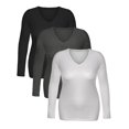 thumbnail image 4 of Essential Basic Women's Junior Size Vneck Tshirt Long Sleeve Shirt, 3Pk Black HCharcoal White, Large, 4 of 5