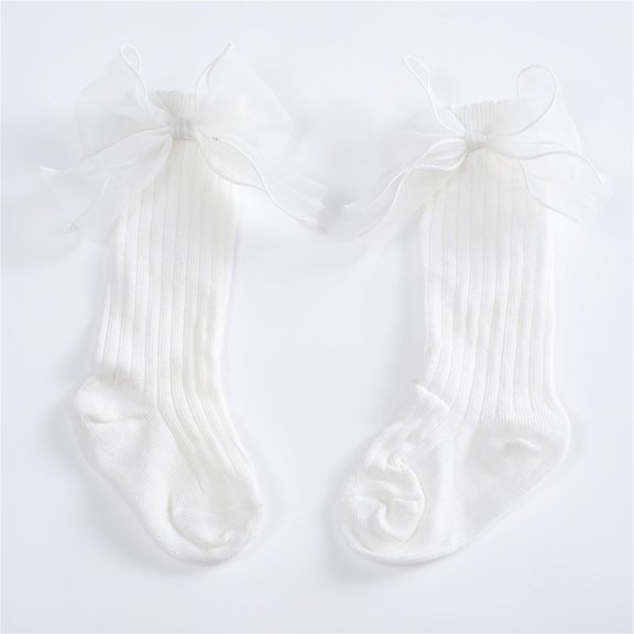 Baby Fashion Soft Calf Knee High Lace Large Bow Knot Stockings, 0-6 Months, White