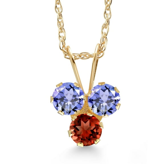 Gem Stone King 14K Yellow Gold Blue Tanzanite and Red Garnet 3-Stone Pendant Necklace for Women (0.45 Cttw, Gemstone December Birthstone, Round 3MM, 18 inch Chain)