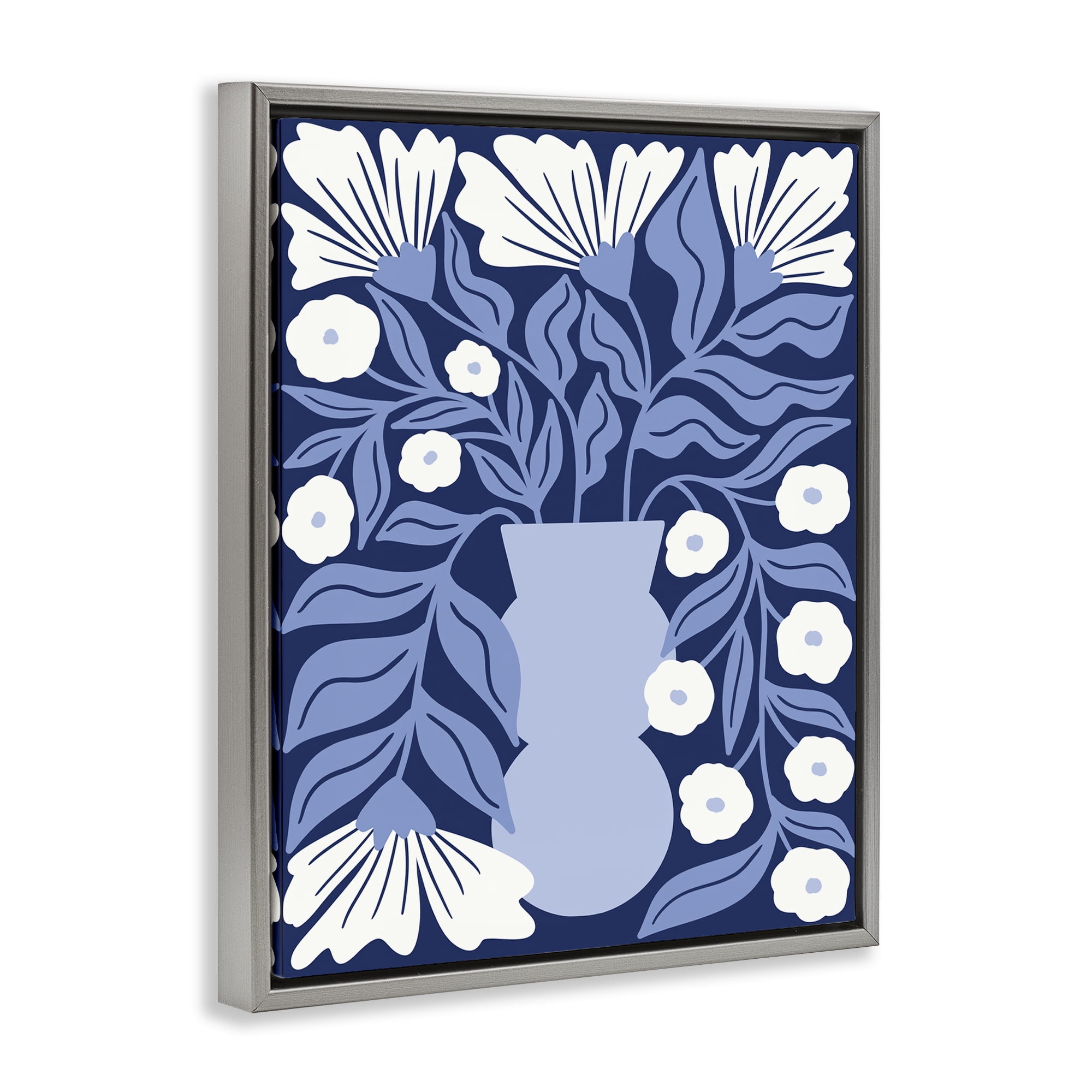 Stupell Industries Funky Blue Flower Vase Plants & Flowers Painting Gray Floater Framed Canvas Art Print Wall Art, 17 x 21