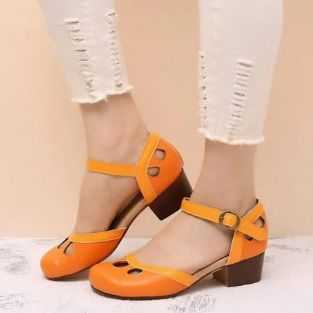 

TUTUnaumb Women s Sandals Size 7.5 Girls Sandals Women Shoes Summer Ladies Fashion Summer Coarse Heel Sandals Round Close Toe Flats Low-Heels Buckle Sandals Women s Casual Single Shoes-Yellow