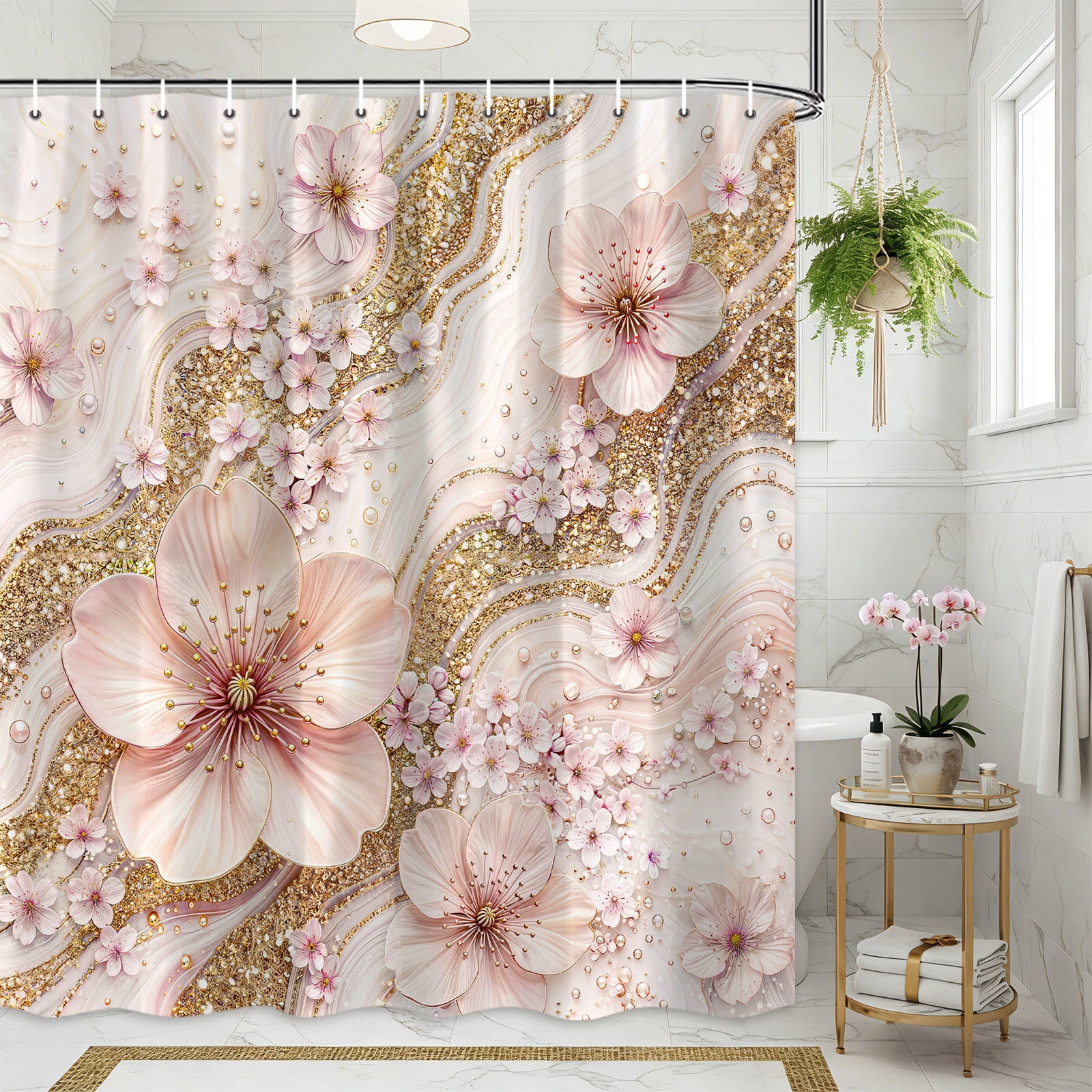 Pink Cherry Blossom Marble Shower Curtain, Luxury Gold Glitter Floral Bathroom Decor, Modern Abstract Minimalist Bath Curtain, Waterproof Polyester Fabric with Hooks,60X70in