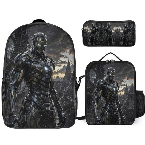 Iron-Man 3Pcs Backpack Set, 17 Inch Large Capacity Unisex Daypack Lightweight Travel Bag with Lunch Box And Pencil Case